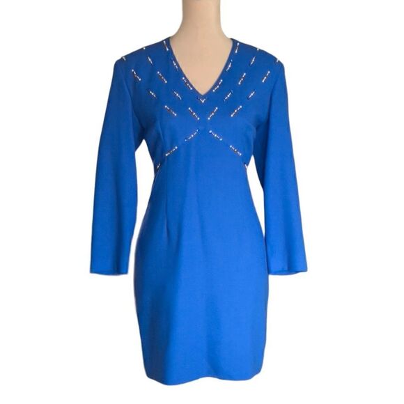 JACKIE K. VINTAGE • Royal Blue Beaded 3/4 Sleeve V-Neck Cocktail Dress - Picture 1 of 5